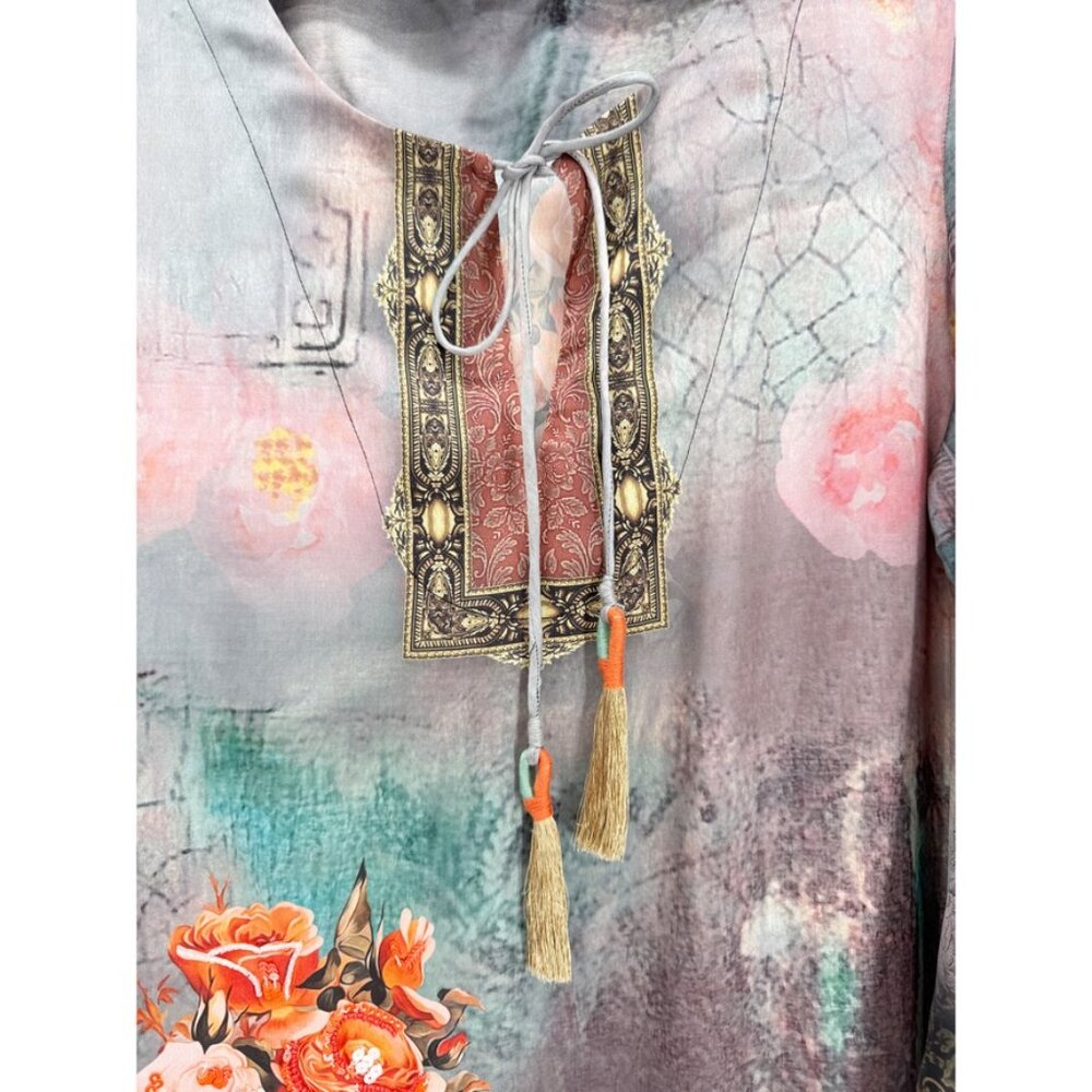 Soft Surroundings Tunic Dress M Embellished Floral Boho Luxe Tassel beaded boho - Picture 3 of 13